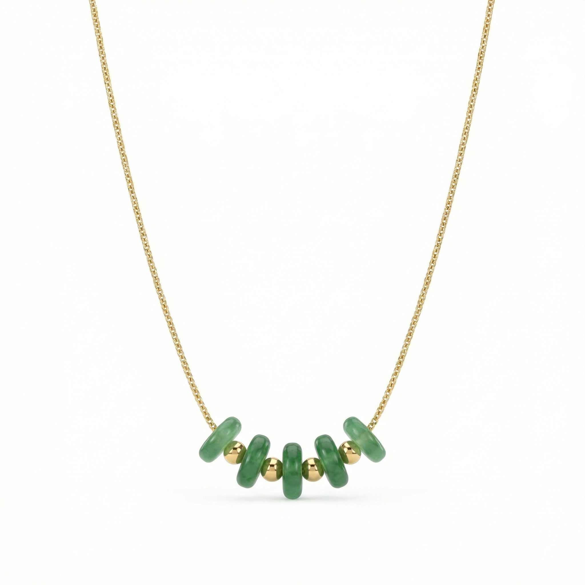 Collier doré en acier inoxydable avec perles vertes centrales, design minimaliste et élégant porté au cou